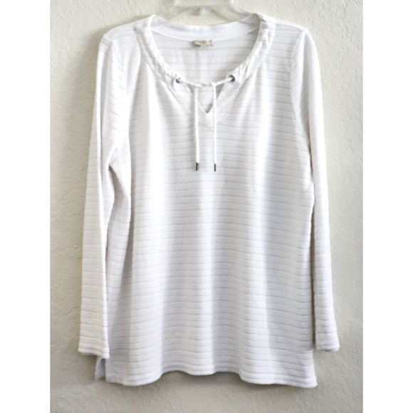 TOP/BLOUSE-TALBOTS-White-Cotton-Long Length-Long Sleeves-Knit-Tie at Neck-Large - Picture 1 of 14